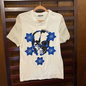 Alexander McQueen White Tee with Blue Skull and Floral Design